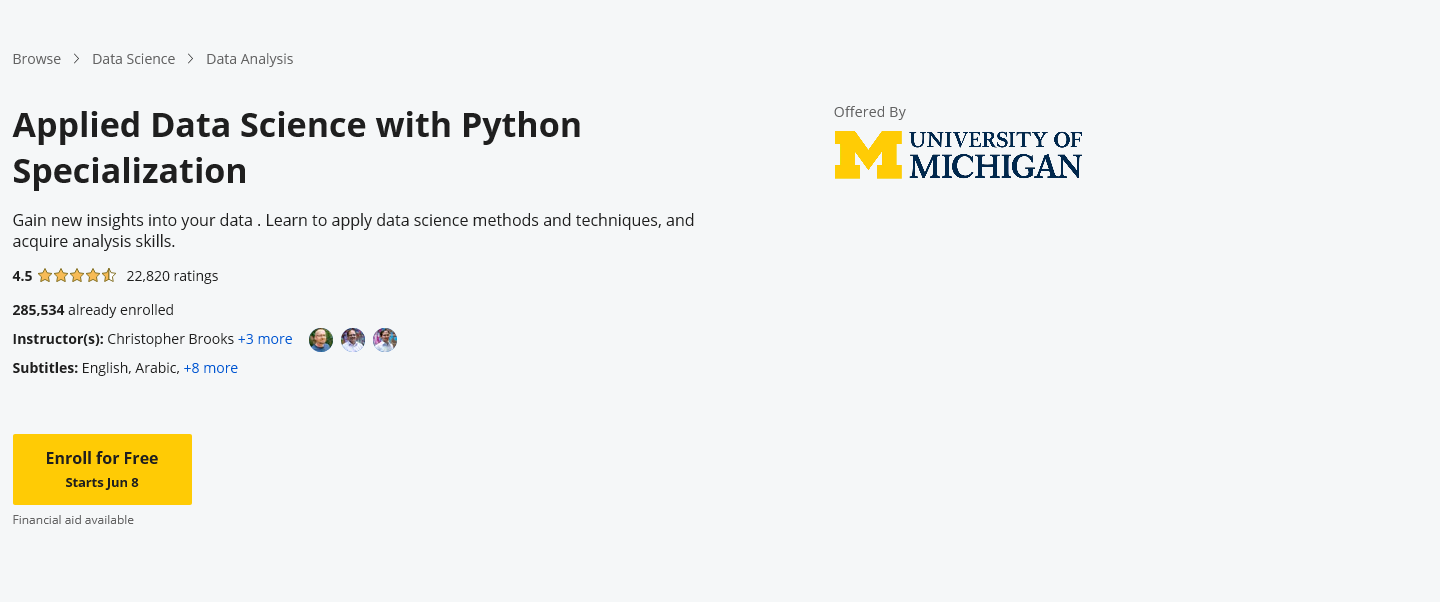 Applied Data Science with Python Specialization – University of Michigan
