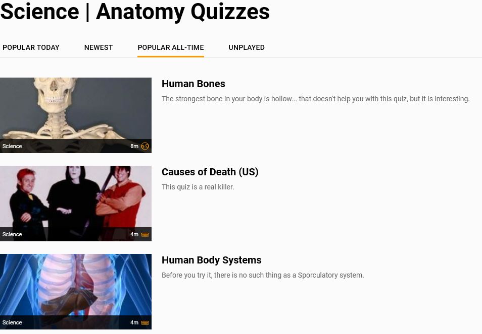 Sporcle Anatomy Quizzes